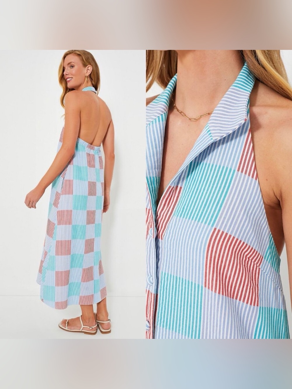 New Tuckernuck Madras Jagger Patchwork Stripe Check Halter Maxi Dress Size XS - Picture 2 of 8
